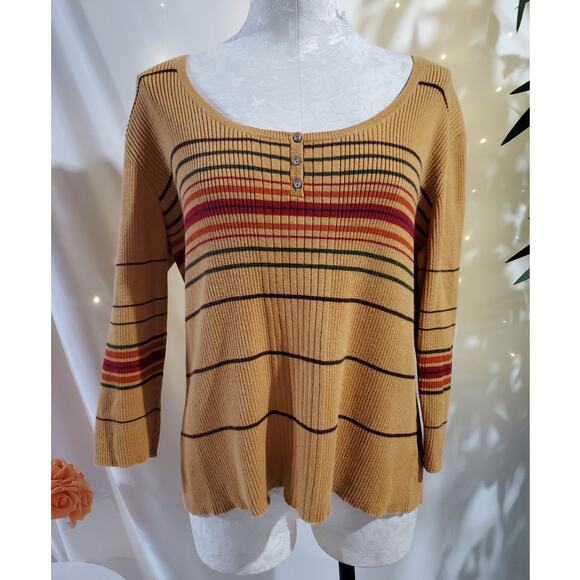Vtg St Johns Bay Y2K Striped Ribbed Shell Button Henley Sweater Size XL Retro - Picture 1 of 10